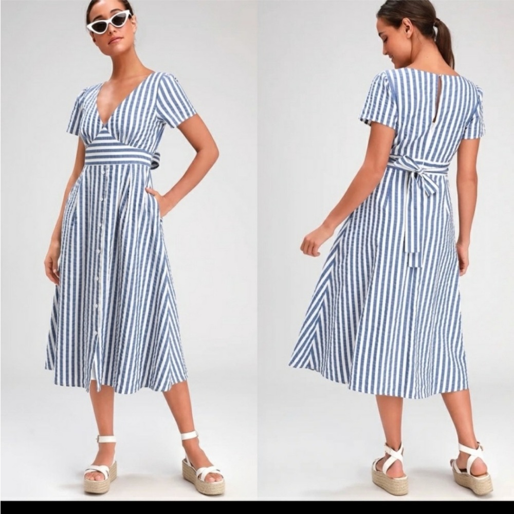 Lulu's Swingdance Blue Striped Midi Dress XS